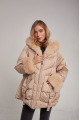 Stylish women's down jacket of beige color with cashmere lamb fur and natural filler