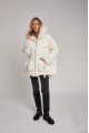 Women's down jacket of white color with cashmere lamb fur and natural filling