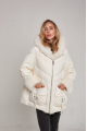 Women's down jacket of white color with cashmere lamb fur and natural filling