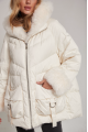 Women's down jacket of white color with cashmere lamb fur and natural filling