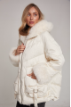 Women's down jacket of white color with cashmere lamb fur and natural filling