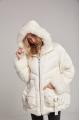 Women's down jacket of white color with cashmere lamb fur and natural filling