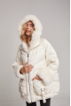 Women's down jacket of white color with cashmere lamb fur and natural filling