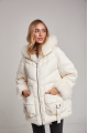 Women's down jacket of white color with cashmere lamb fur and natural filling