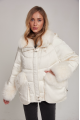 Women's down jacket of white color with cashmere lamb fur and natural filling