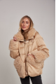 Women's down jacket of beige color with cashmere lamb fur and natural filling