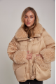 Women's down jacket of beige color with cashmere lamb fur and natural filling