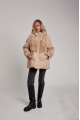 Women's down jacket of beige color with mink fur and natural filler