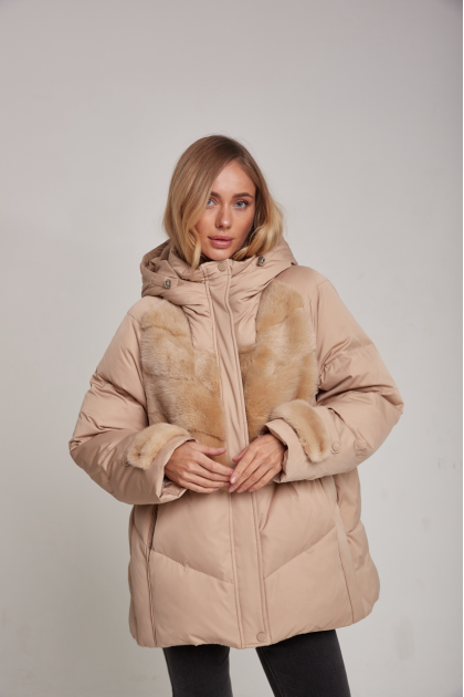 Beige down jacket with fur