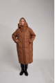 Long caramel-colored down jacket with natural filler