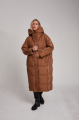 Long caramel-colored down jacket with natural filler