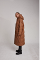 Long caramel-colored down jacket with natural filler