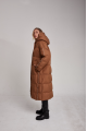 Long caramel-colored down jacket with natural filler