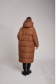 Long caramel-colored down jacket with natural filler