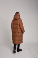 Long caramel-colored down jacket with natural filler