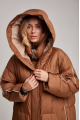 Long caramel-colored down jacket with natural filler