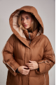 Long caramel-colored down jacket with natural filler