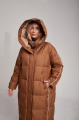 Long caramel-colored down jacket with natural filler