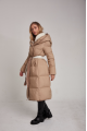 Long brown down jacket for women with natural filling