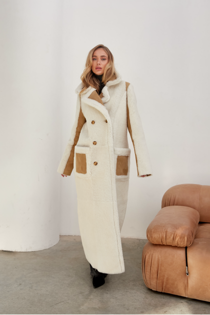 Long white sheepskin coat