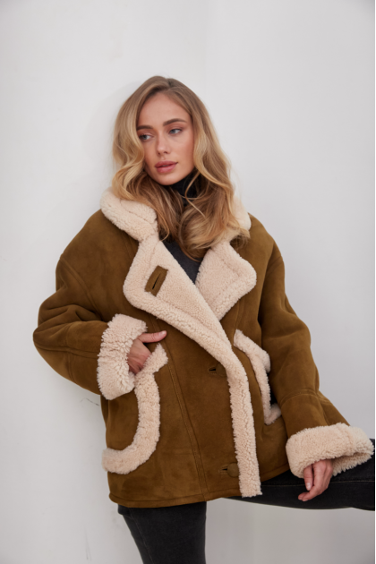 Olive-colored sheepskin coat