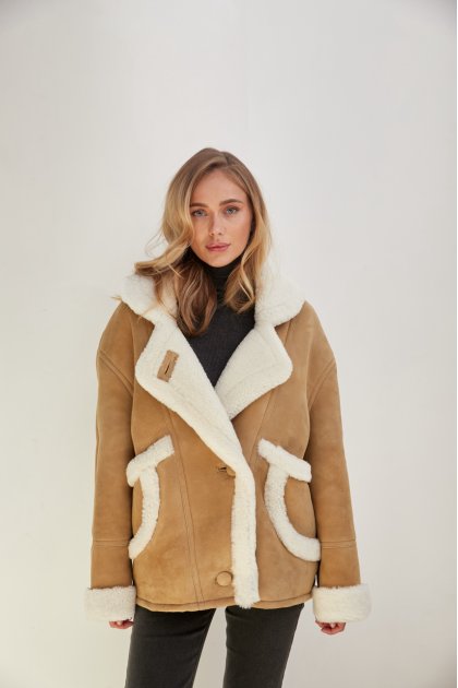 Sand-colored sheepskin coat