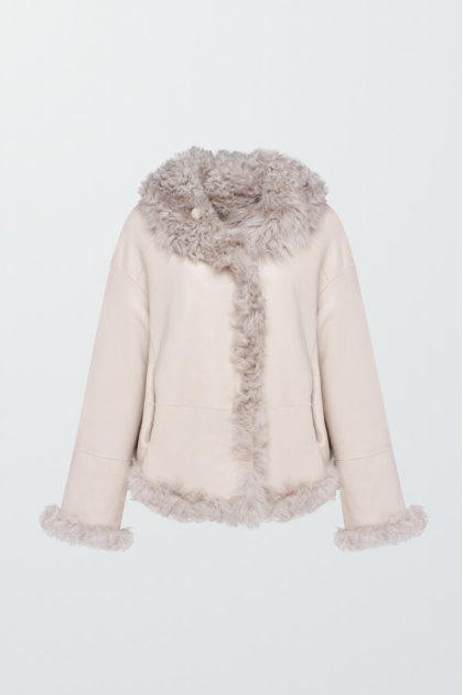Short beige sheepskin coat with a hood made of natural sheepskin