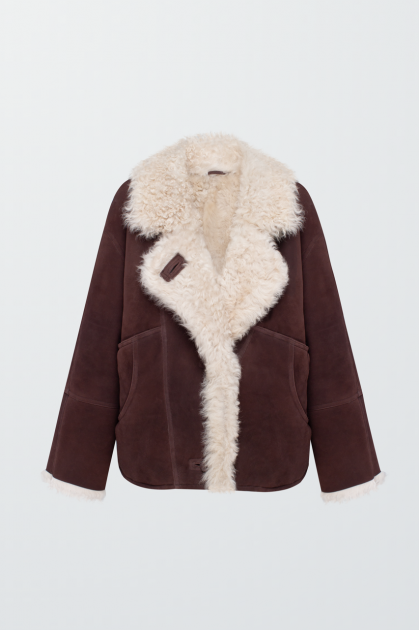 Chocolate-colored suede sheepskin coat