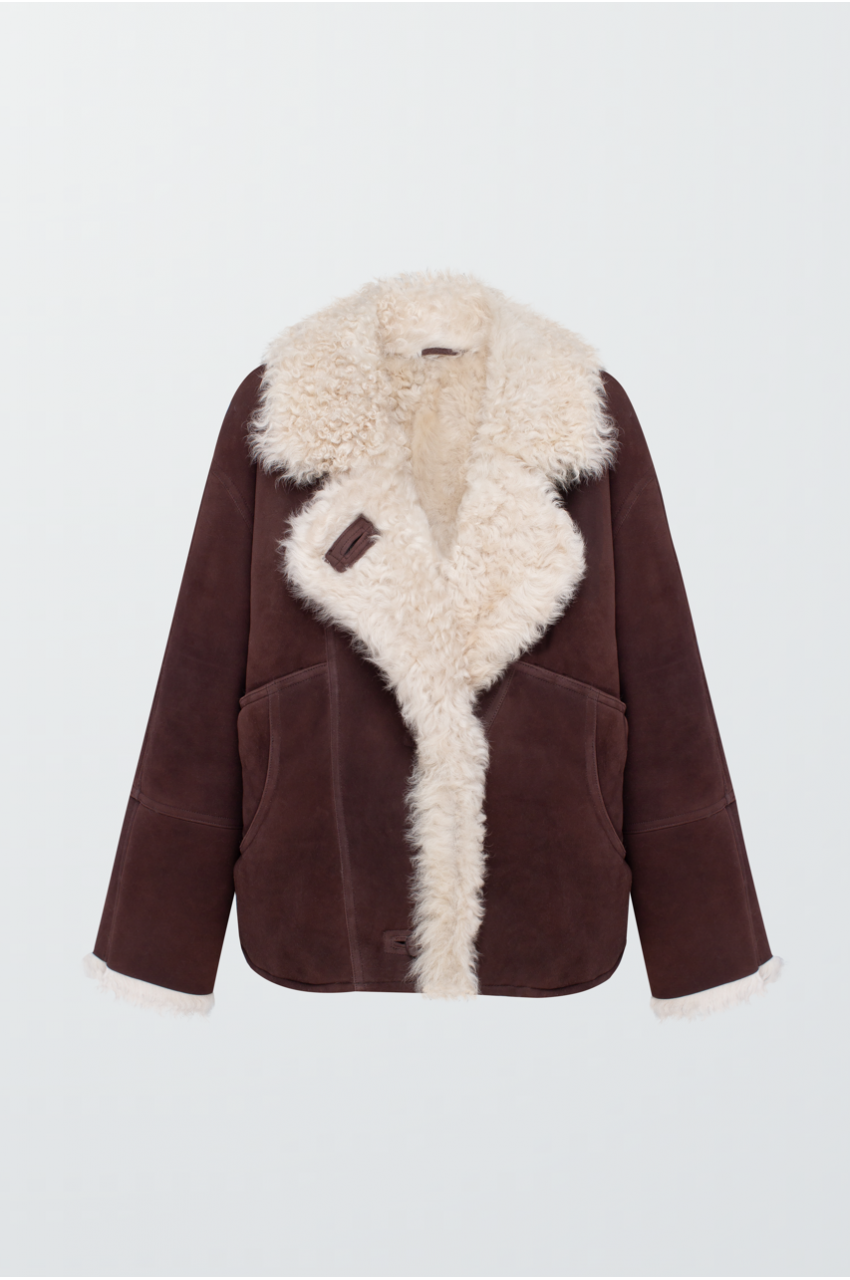 Chocolate-colored suede sheepskin coat