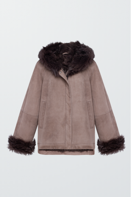 Dark beige suede sheepskin coat with hood