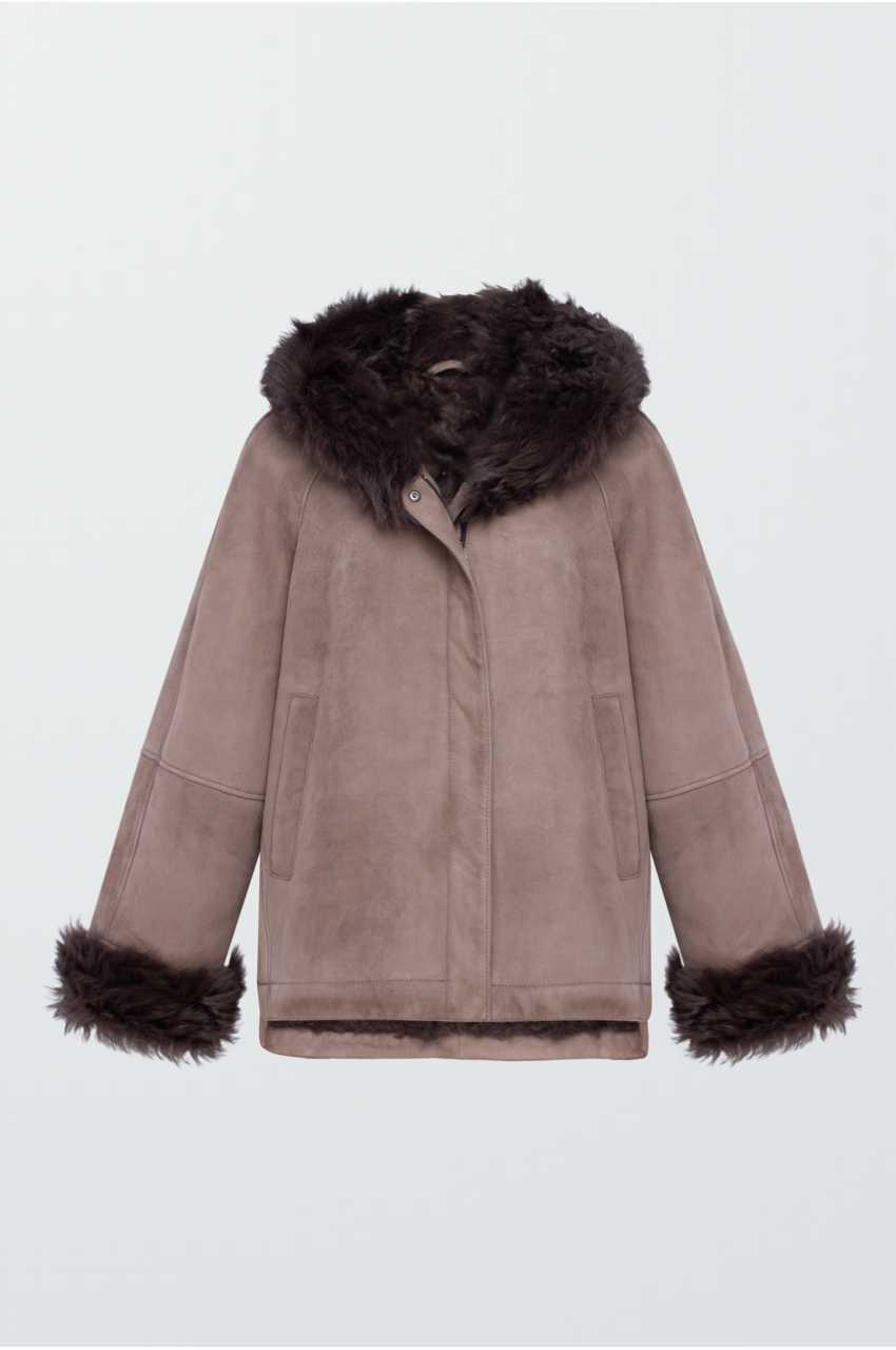 Dark beige suede sheepskin coat with hood