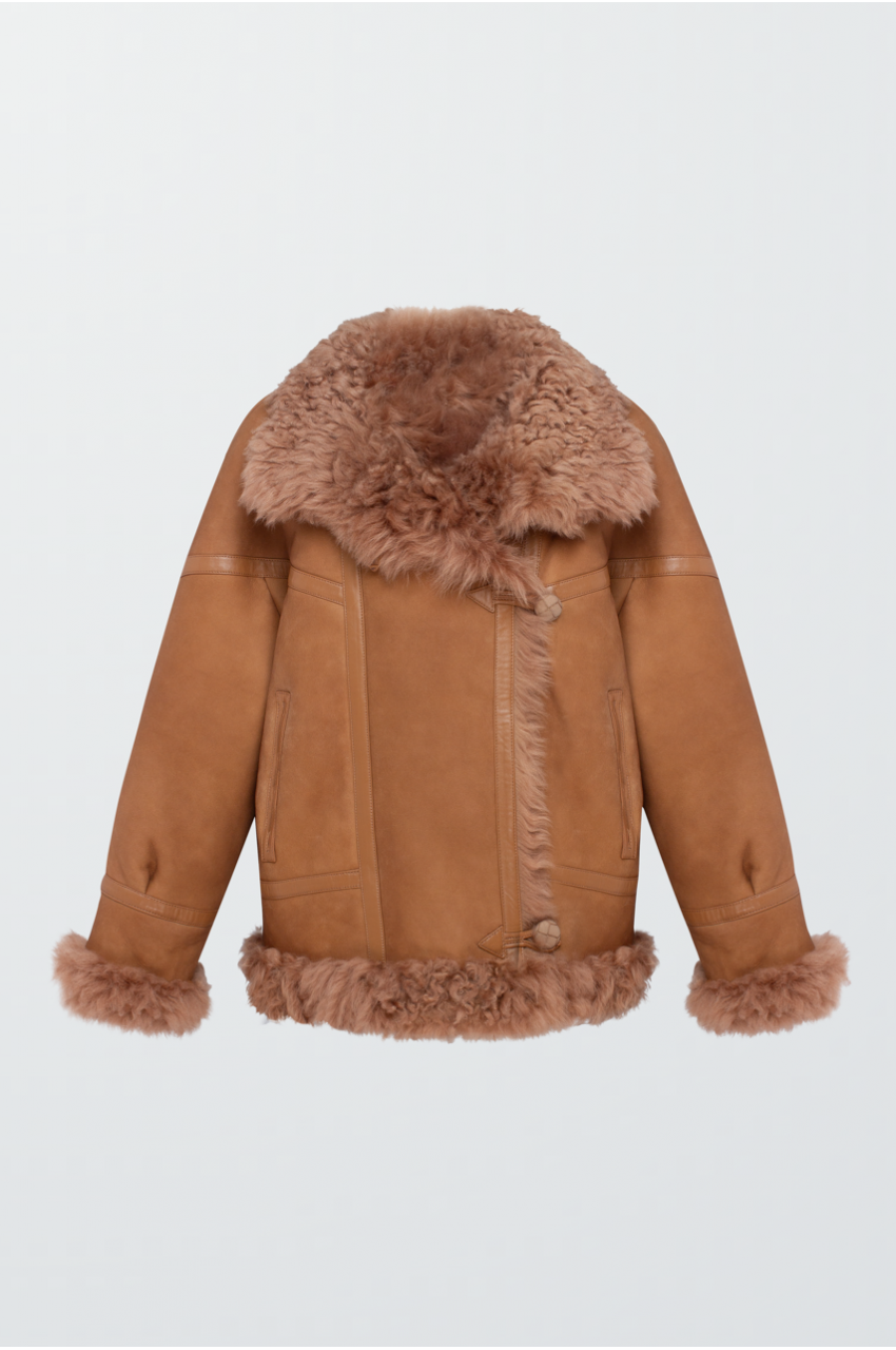 Brown suede double-sided sheepskin coat made of natural sheepskin
