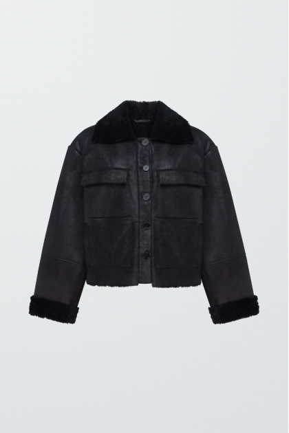 Short black sheepskin coat