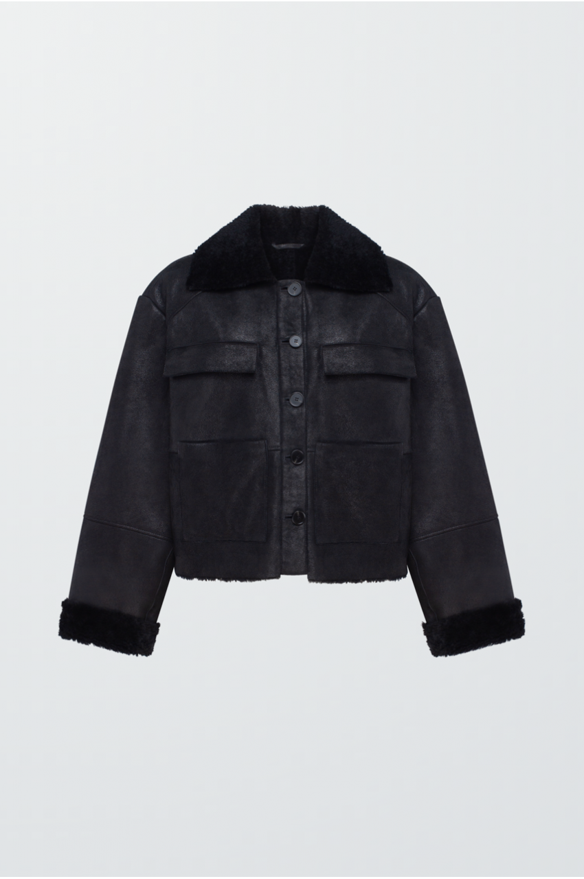 Short black sheepskin coat