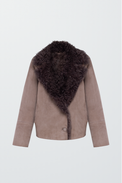 Women's suede sheepskin coat in dark beige color