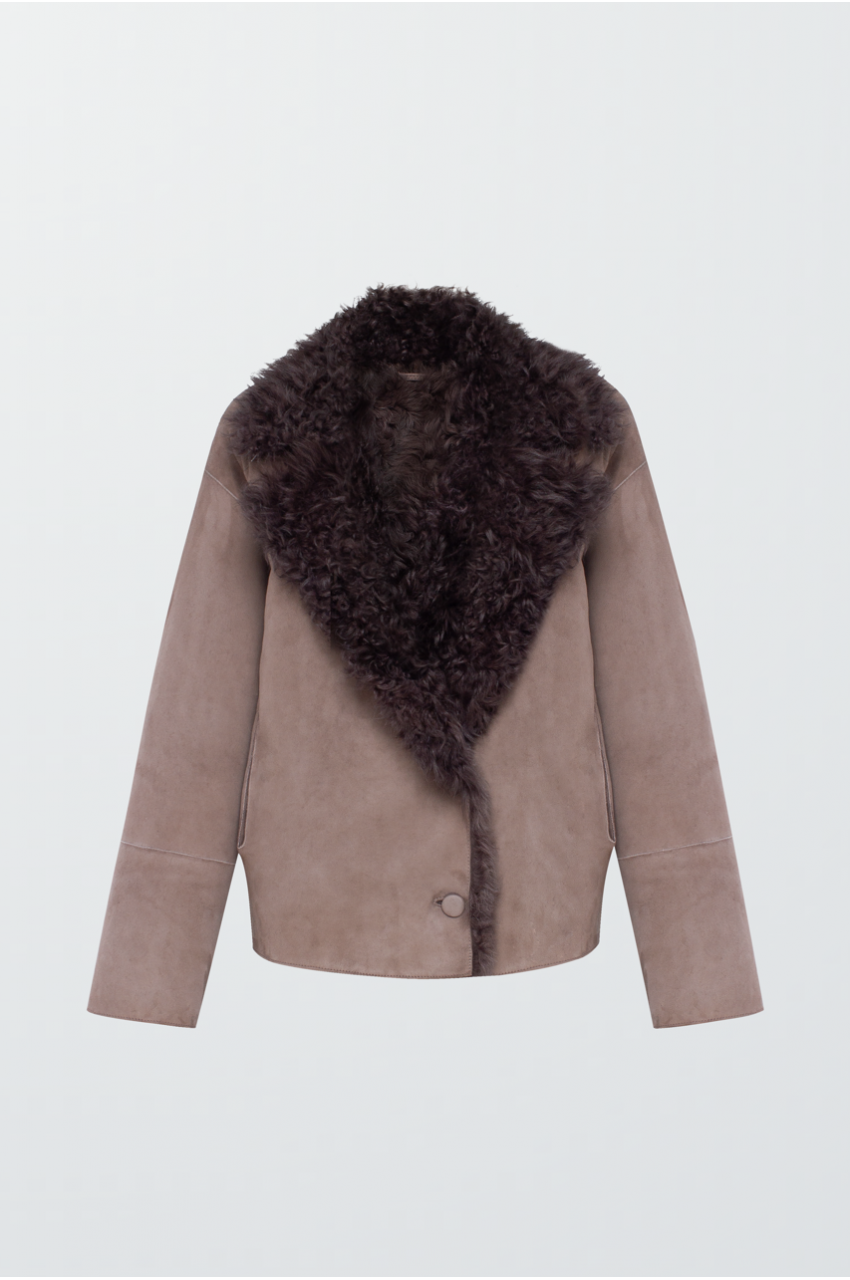 Women's suede sheepskin coat in dark beige color