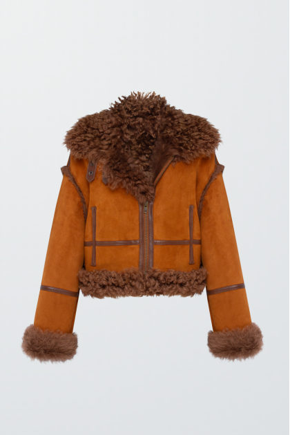 Short suede sheepskin coat in terracotta color