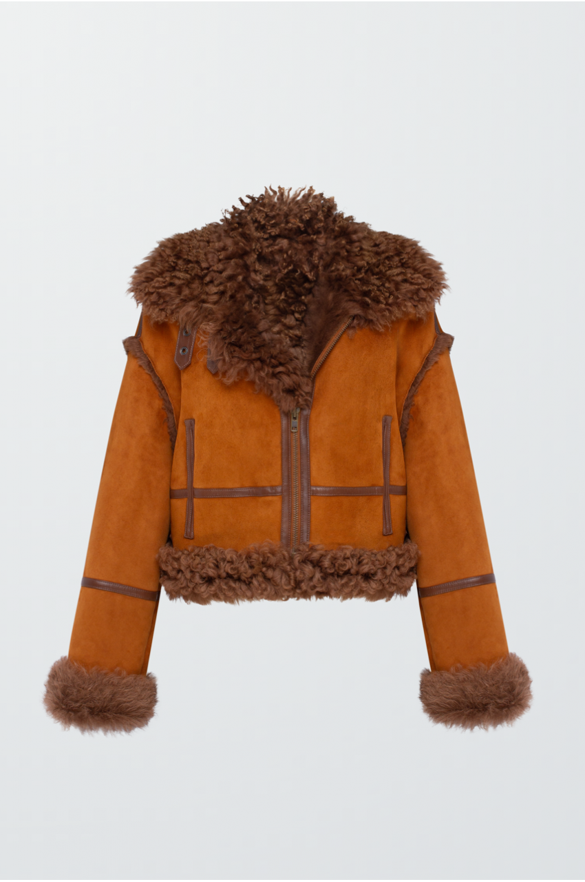 Short suede sheepskin coat in terracotta color