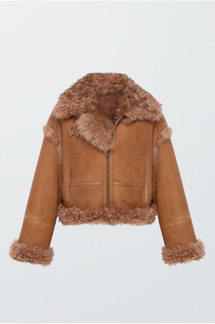 Short brown suede sheepskin coat