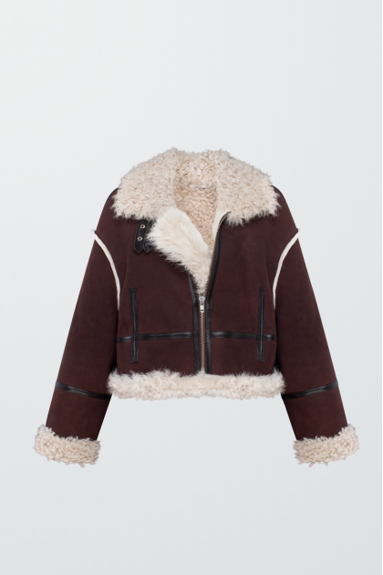 Short chocolate-colored suede sheepskin coat