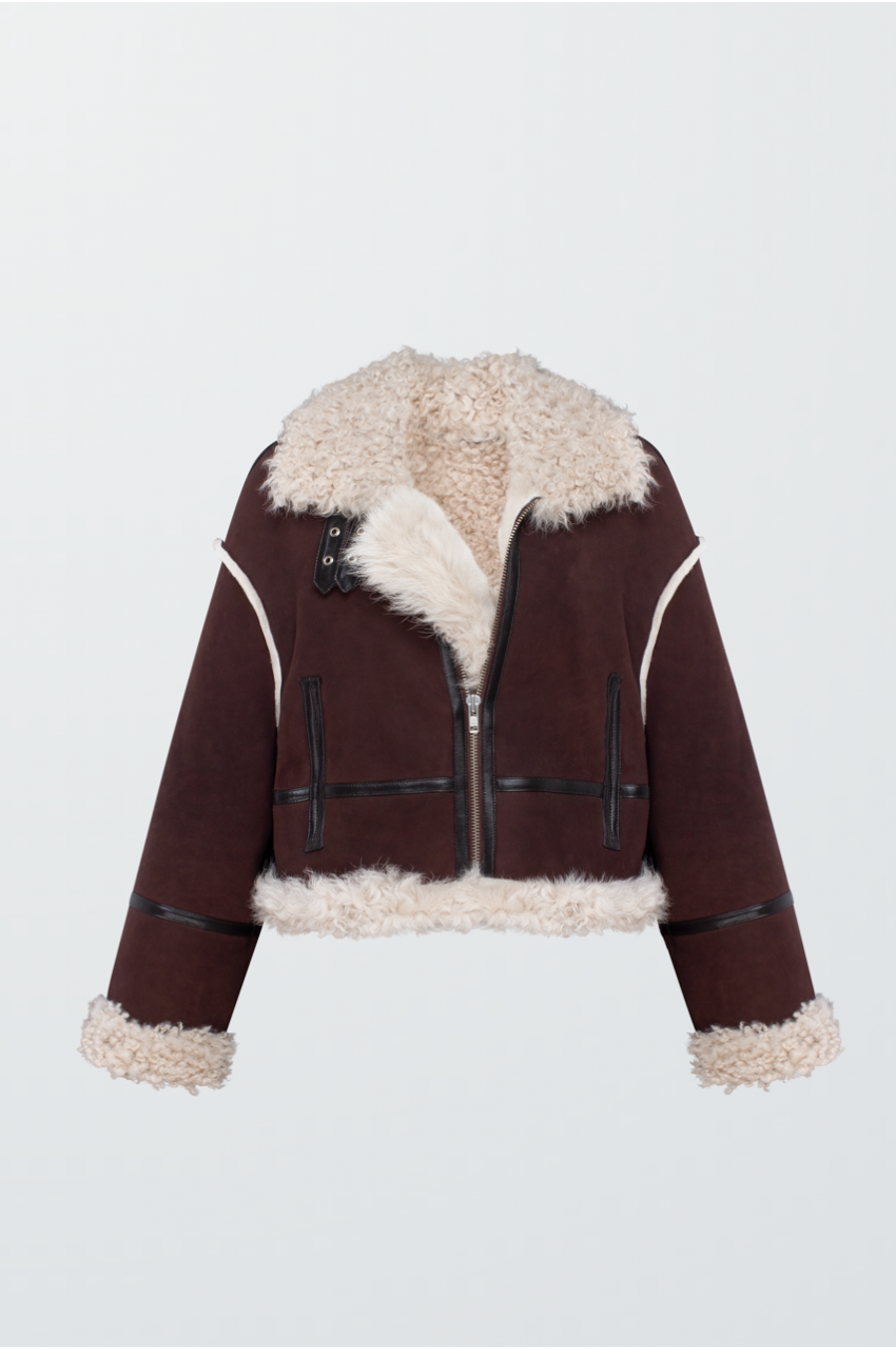 Short chocolate-colored suede sheepskin coat