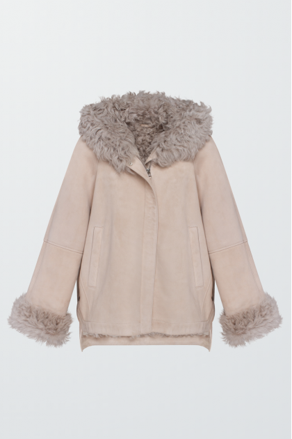 Beige suede sheepskin coat with hood