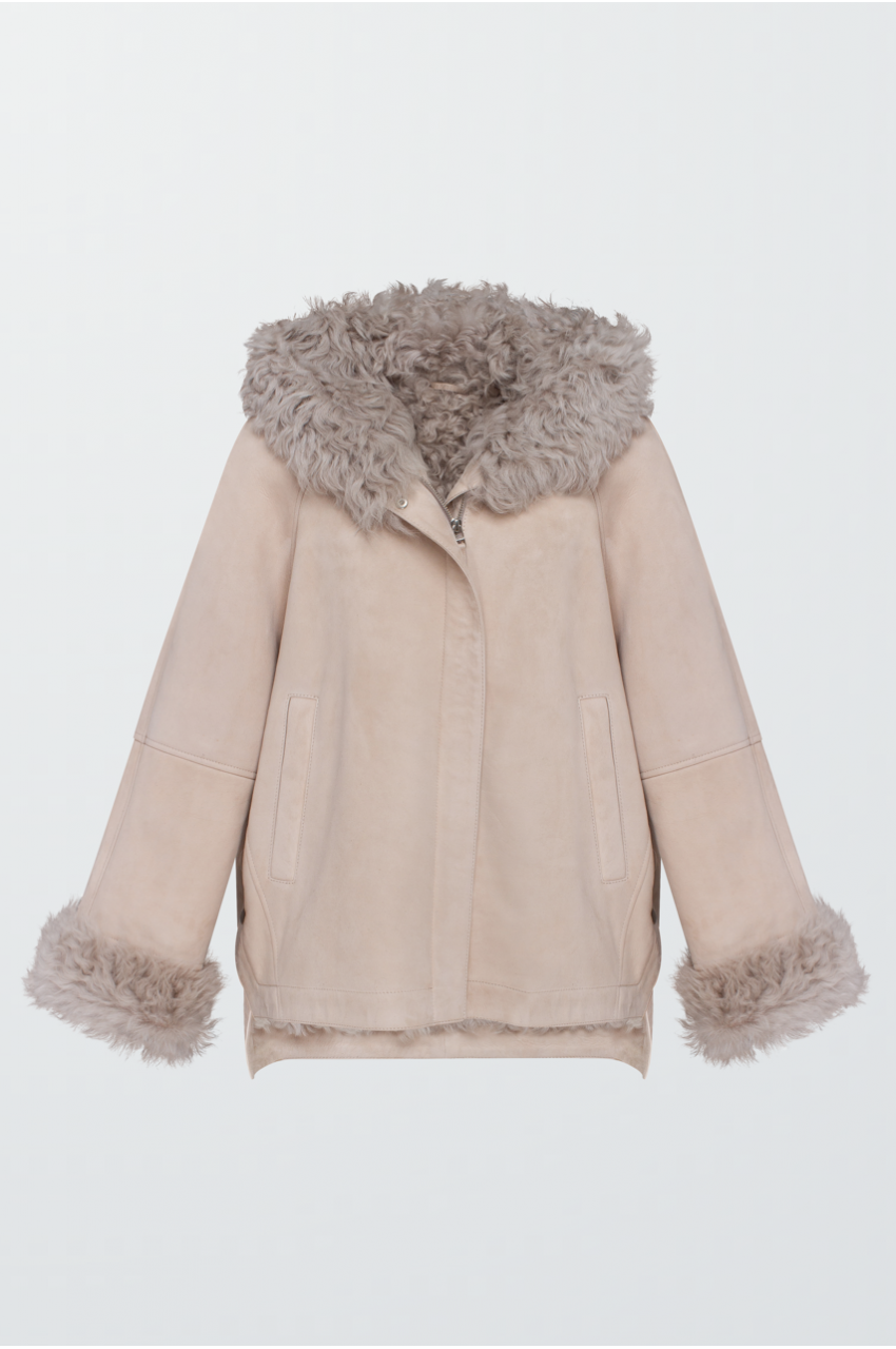 Beige suede sheepskin coat with hood