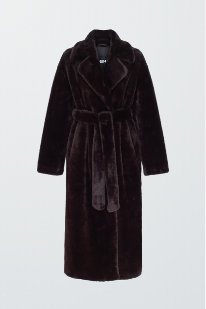Long chocolate-colored coat made of eco-friendly mink fur