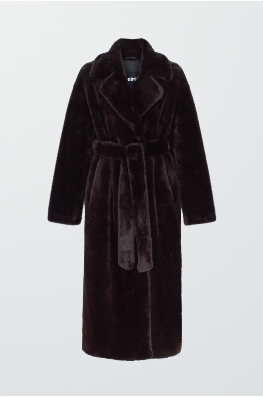 Long chocolate-colored coat made of eco-friendly mink fur