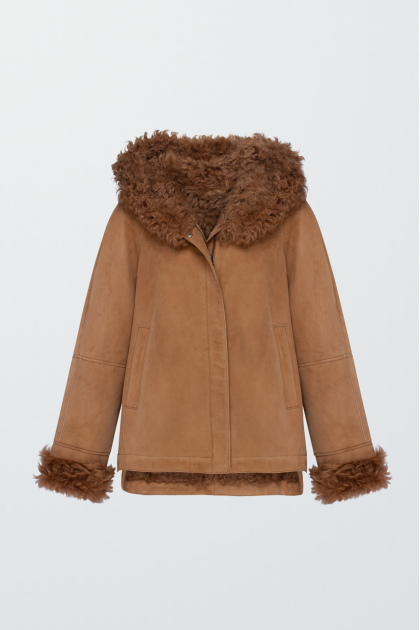 Brown suede sheepskin coat with hood