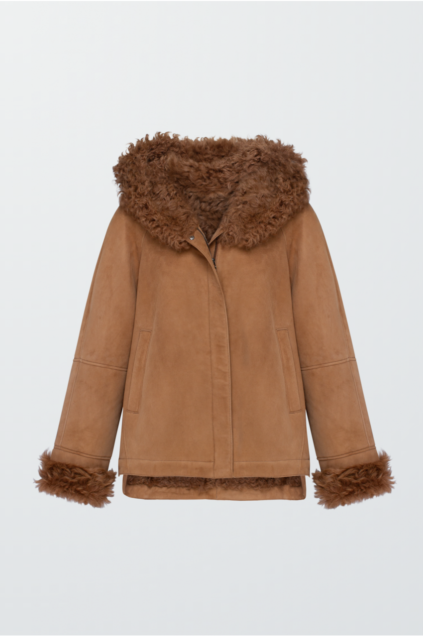 Brown suede sheepskin coat with hood