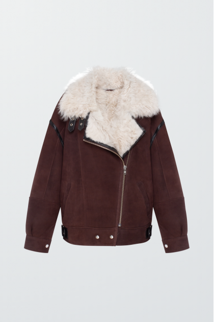Chocolate-colored sheepskin coat made of natural sheepskin