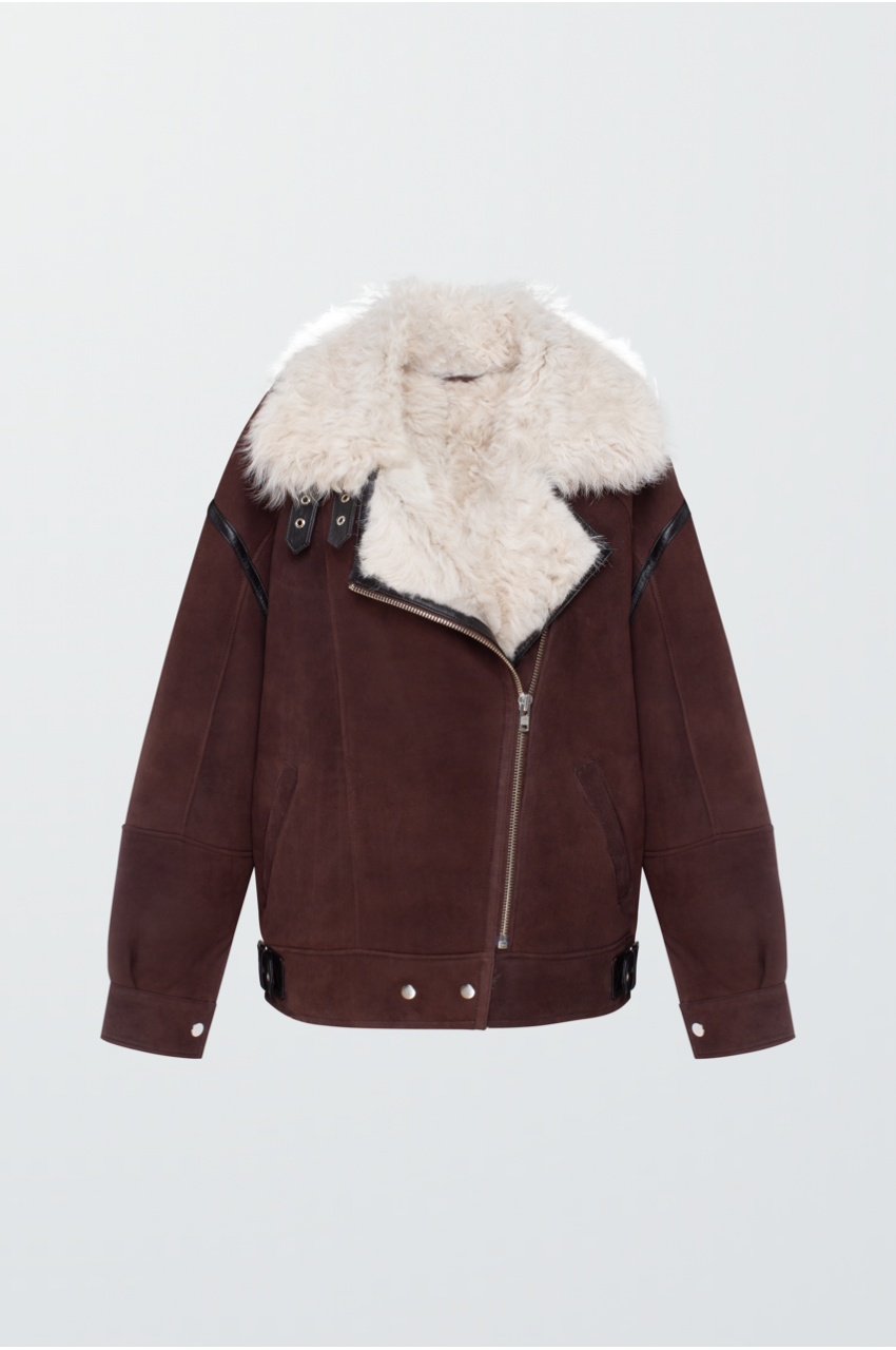 Chocolate-colored sheepskin coat made of natural sheepskin