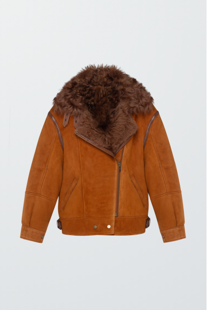 Red sheepskin coat made of natural sheepskin